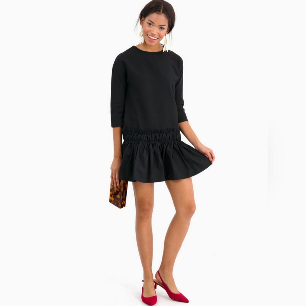 English Factory Dress Phoebe Shift Ruffle Drop Waist Mini Dress Black XS
